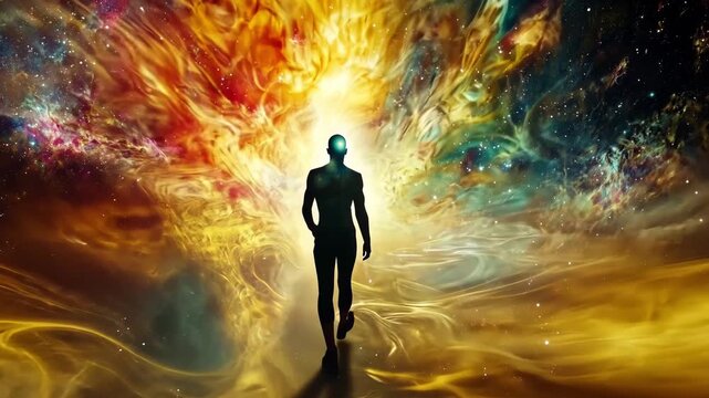 A human figure walking through swirling galaxies and vibrant colors in a cosmic setting that represents a journey through space and time - Powered by Adobe
