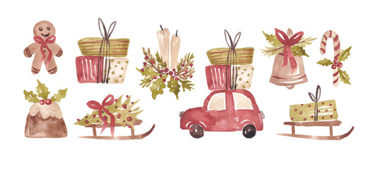 Retro Christmas set hand drawn with watercolor. Old style xmas illustrations for designing card, invite, logo, banner, pattern and so on