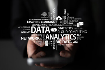 This image illustrates the concept of data analytics and processing, highlighting keywords relevant to machine learning, big data, cloud computing, and statistical analysis. Tessel