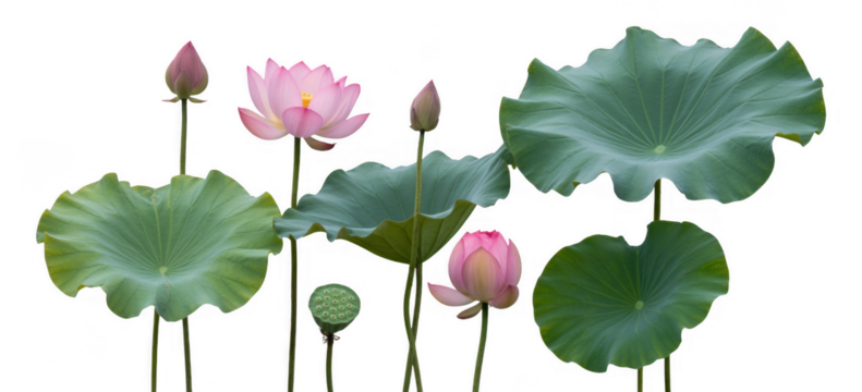 Pink lotus flowers and green lily pads isolated on a transparent background 1