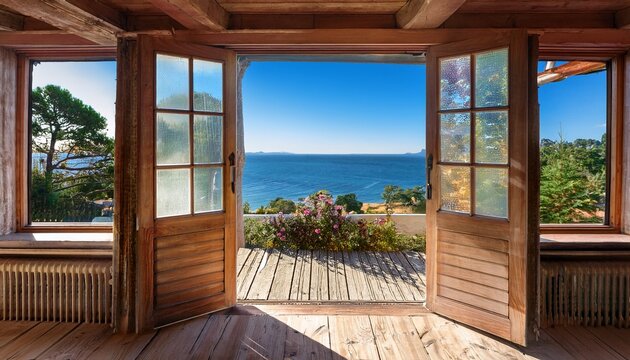 inviting coastal view from a rustic room with unique decor shining through bright open doorway in a historic building overlooking scenic landscape