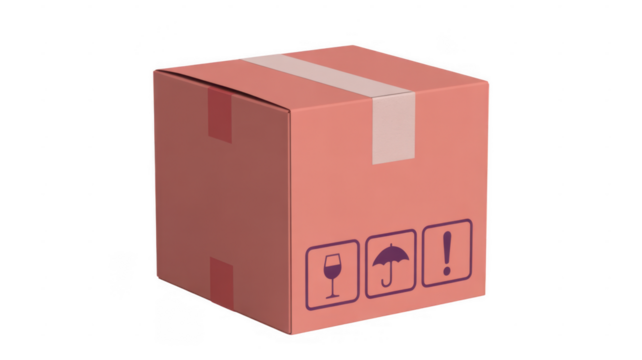 Pink cardboard shipping box with handling symbols isolated on a transparent background