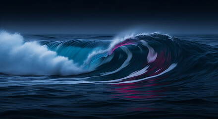 A large ocean wave curling with white foam and red light in the dark blue sea landscape scene ai generated