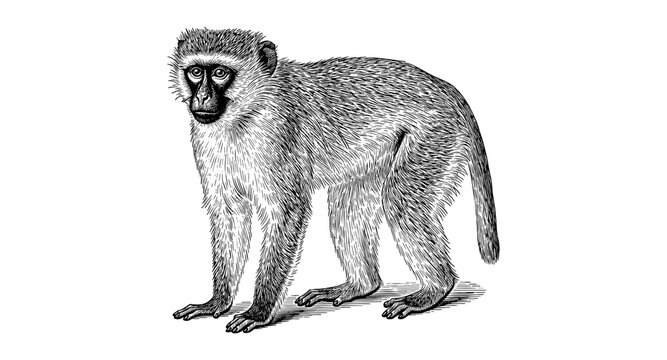 Detailed black and white engraving of a monkey standing