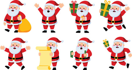 Cute cartoon Santa Claus vector character set featuring running walking carrying sack and holding gifts for Christmas holiday design projects.