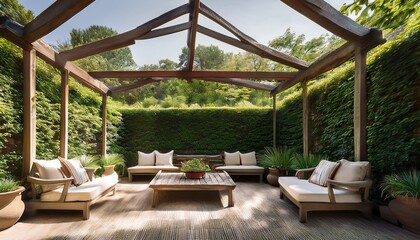 Fototapeta premium a serene outdoor garden space featuring relaxation chairs under a canopy surrounded by lush greenery and stone walls for a comfortable ambiance