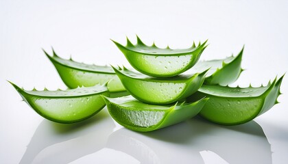 fresh aloe vera leaves and slices showcase their juicy green flesh and sharp edges on a white background
