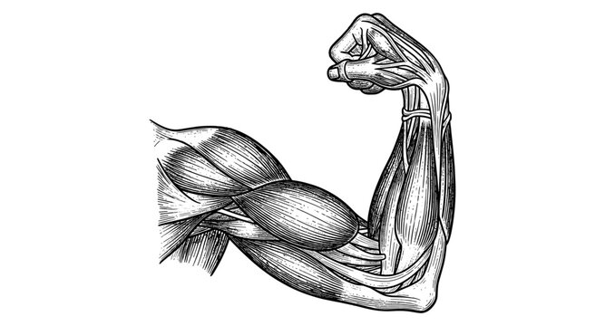 Detailed arm muscles flexing in vintage etching style