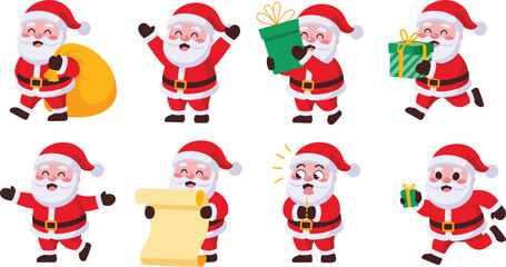 Cute cartoon Santa Claus vector set featuring running, walking, holding gifts, reading scroll list for Christmas holiday season design projects.