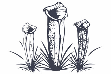 Black and white line art illustration of three pitcher plants, sarracenia species, growing from the ground