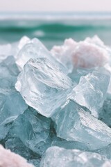 Obraz premium Ice formations glistening in sunlight, showcasing intricate textures and shapes, creating a serene and tranquil atmosphere with copy space for design purposes