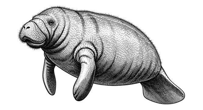 Detailed engraving of a manatee on white background