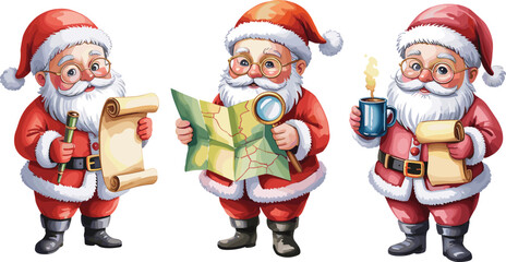 Cute cartoon Santa Claus vector set holding map magnifying glass telescope and drinking coffee for winter Christmas holiday design elements.