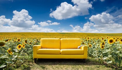 yellow couch in sunflower field under cloudy blue sky