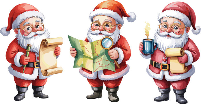 Cute cartoon Santa Claus vector set holding map magnifying glass telescope and drinking coffee for winter Christmas holiday design elements.
