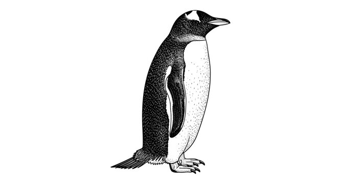 Detailed penguin side view in black and white pen sketch style