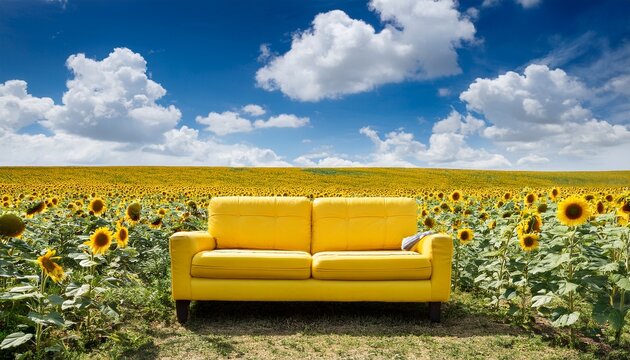 yellow couch in sunflower field under cloudy blue sky - Powered by Adobe