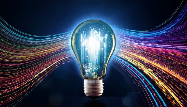 illuminated lightbulb with glowing colorful digital data streams