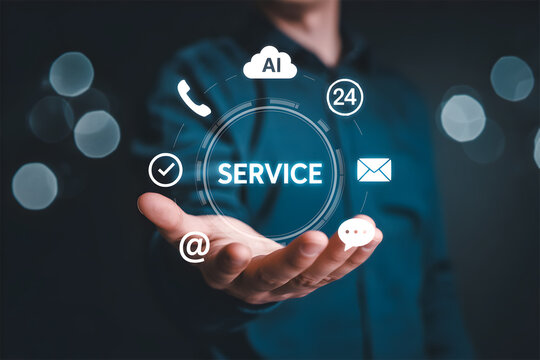 Customer Service and Support: Hand Holding Digital Interface with Communication Icons