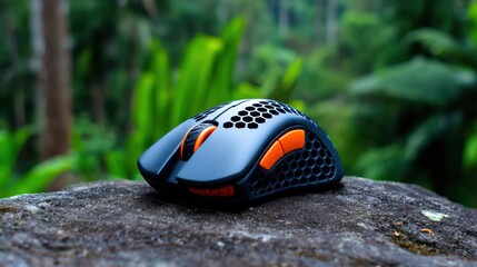 Wireless gaming mouse placed on a rock in a lush natural environment during daylight