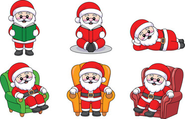 Cute cartoon Santa Claus vector set reading books lying down and sitting in colorful armchairs for Christmas holiday design projects.