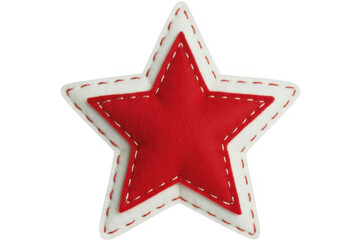 Red and white felt star ornament with stitching isolated on a transparent background
