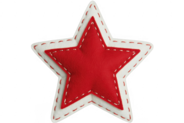 Red and white felt star ornament with stitching isolated on a transparent background