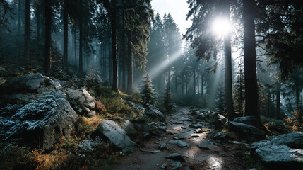 moody and mysterious evergreen forest submerged in thick morning mist with sun rays and rocky path