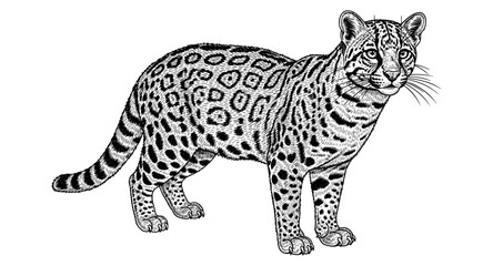 Detailed black and white engraving of an ocelot on white background
