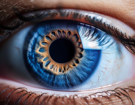 close up blue eye central heterochromia dark intense - Powered by Adobe