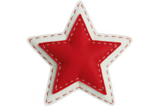 Red and white felt star ornament with stitching isolated on a transparent background