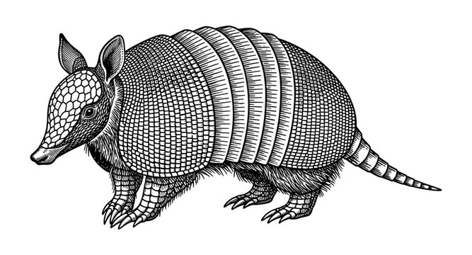 Detailed black and white armadillo drawing with intricate patterns
