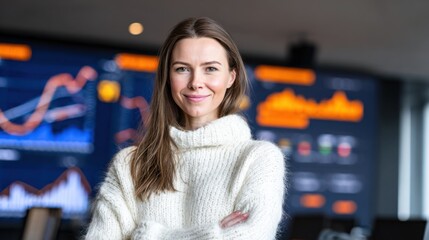 Confident businesswoman smiles while standing in modern office with financial data on display