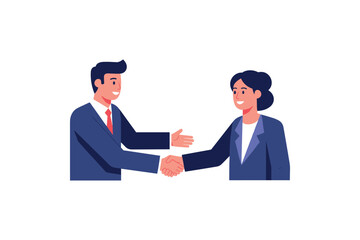 Business agreement: cartoon male and female shaking hands in professional setting