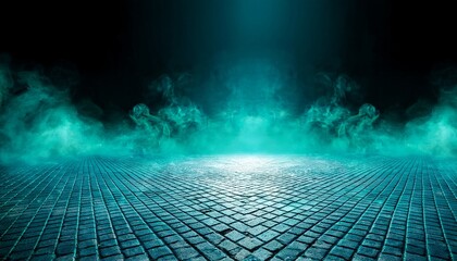 dark paved area illuminated by teal smoke
