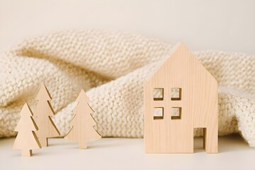 Minimal Scandinavian Christmas Scene with Wooden House Pine Trees and Cozy Knit Blanket