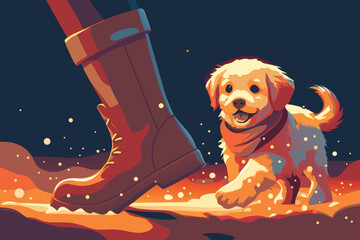 Puppy in scarf running through snow, leaving tiny footprints, sparkling frost