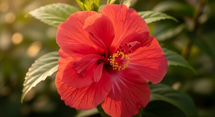 A vibrant red hibiscus flower in full bloom with green leaves and a blurred background in soft lighting ai generated