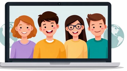 Animated virtual meeting with diverse group on laptop screen - Powered by Adobe