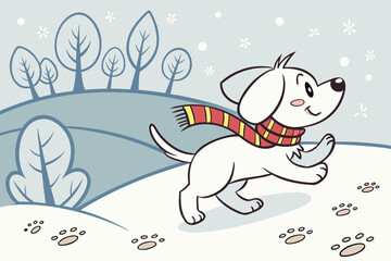Puppy in scarf running through snow, leaving tiny footprints, sparkling frost