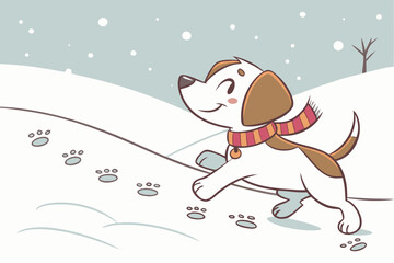 Puppy in scarf running through snow, leaving tiny footprints, sparkling frost