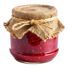 Delicious raspberry jam in glass jar homemade preserve with burlap cover and twine on transparent background. PNG