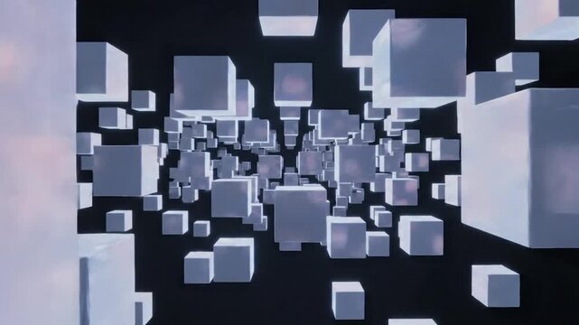 Abstract geometric background with floating white cubes in dark space
