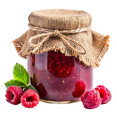 Delicious raspberry jam in glass jar homemade preserve with burlap cover and twine on transparent background. PNG