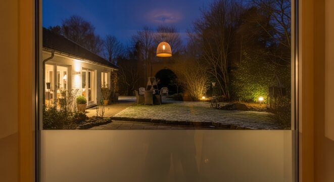 A serene evening view of a cozy, illuminated home and garden, seen through a frosted window, creating a tranquil atmosphere