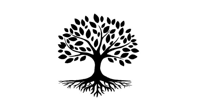 A simple, black, graphic design of a tree white background. Silhouette tree graphic design. Silhouette of a tree with leaves and roots on a white background. 