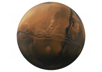 Red planet Mars surface with canyons and craters isolated on a transparent background