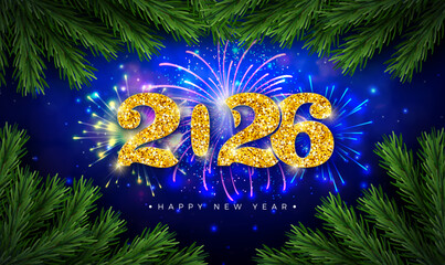2026 Happy New Year Greeting Card Design with Gold Glitter Typography Number and Fir Branch Garland on Explosion Fireworks Background. Christmas Holiday Celebration Illustration for Calendar, Flyer