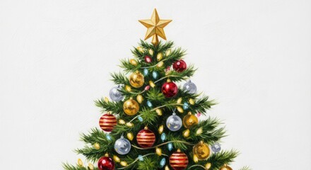 A beautifully decorated Christmas tree illustration with a golden star topper and colorful ornaments on an isolated white background