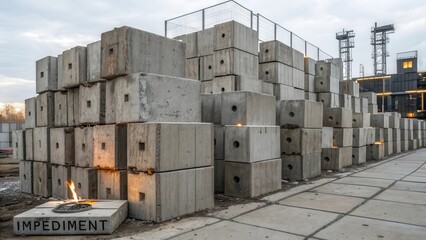 Arrangement of stacked geometric concrete blocks in an outdoor industrial setting.